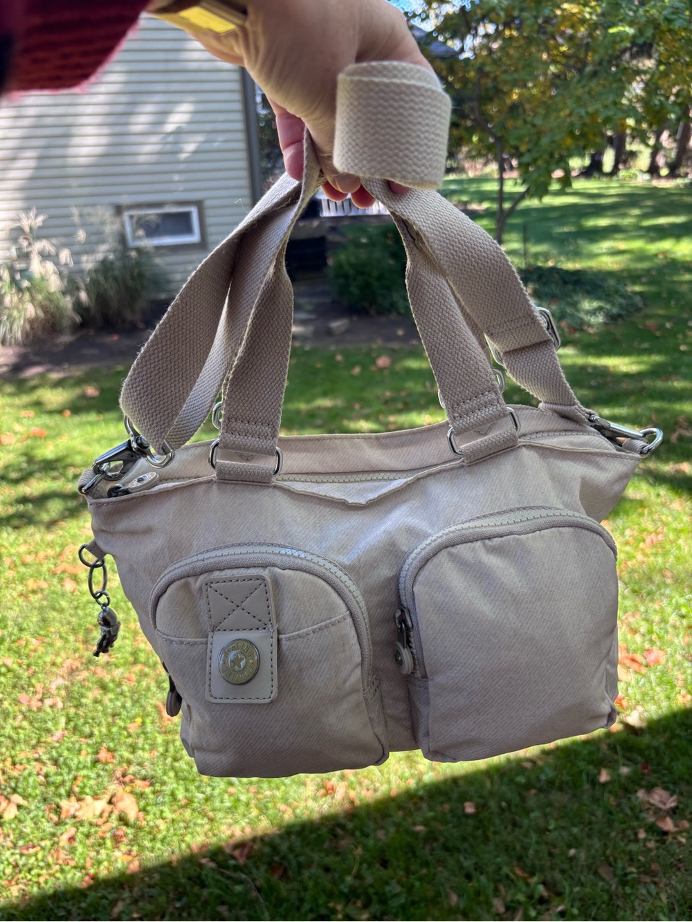 Kipling Mara Metallic Silver Beige Satchel Handbag Nylon Multiple Pockets